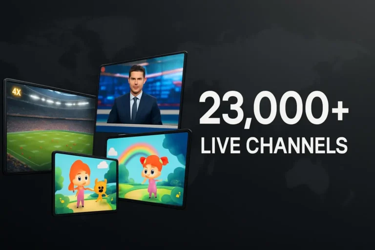 A multi-screen display showing a live sports game, international news, a kids cartoon, and a music channel, all streaming from IPTVGREAT's service of 23,000+ channels.