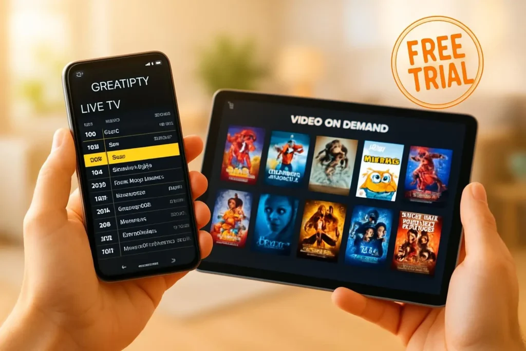 A person happily browsing the GREATIPTV app on their phone during a free trial.