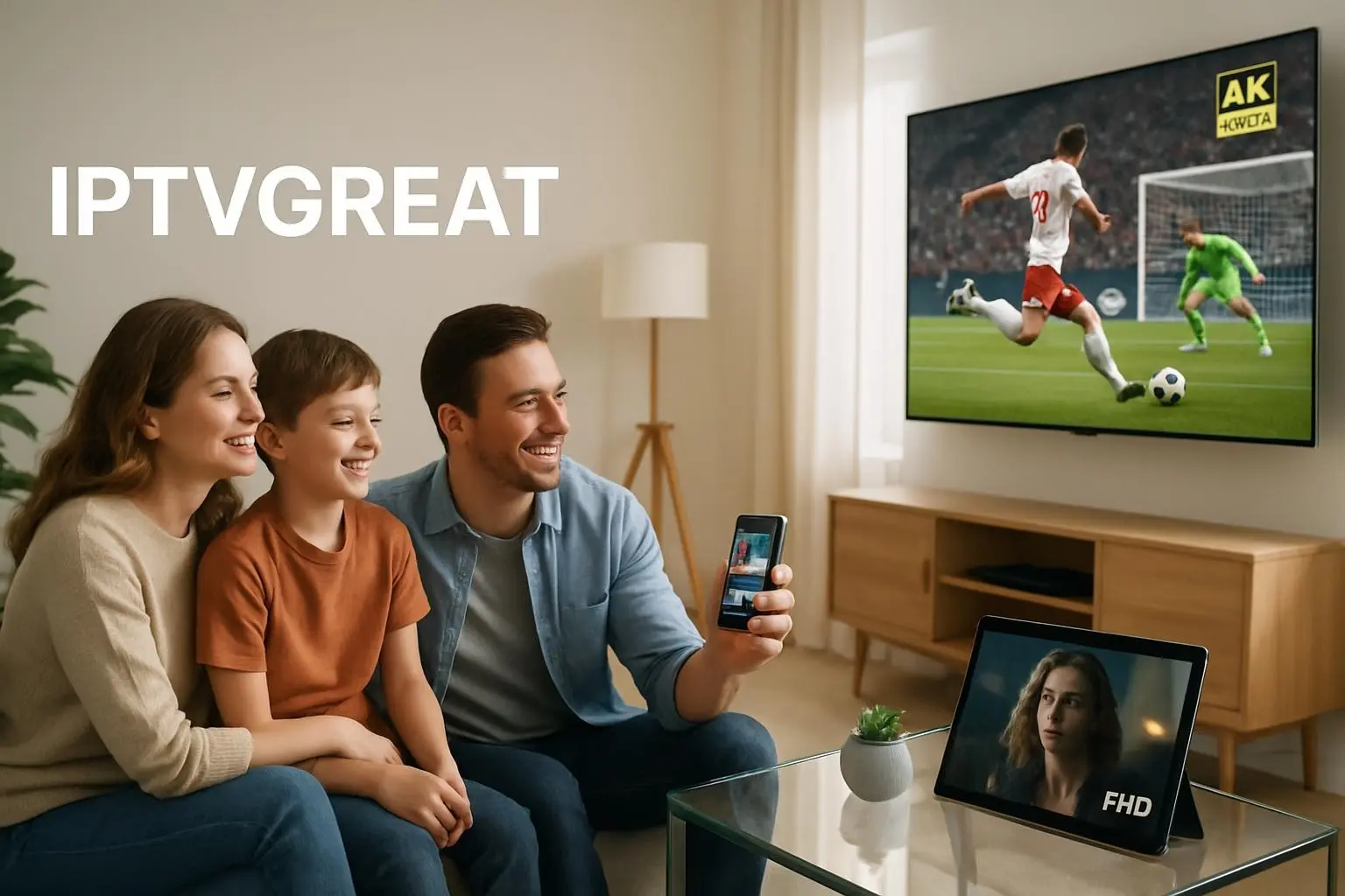 A family enjoys a live 4K sports game on TV, an FHD movie on a tablet, and an HD news channel on a phone with IPTVGREAT.
