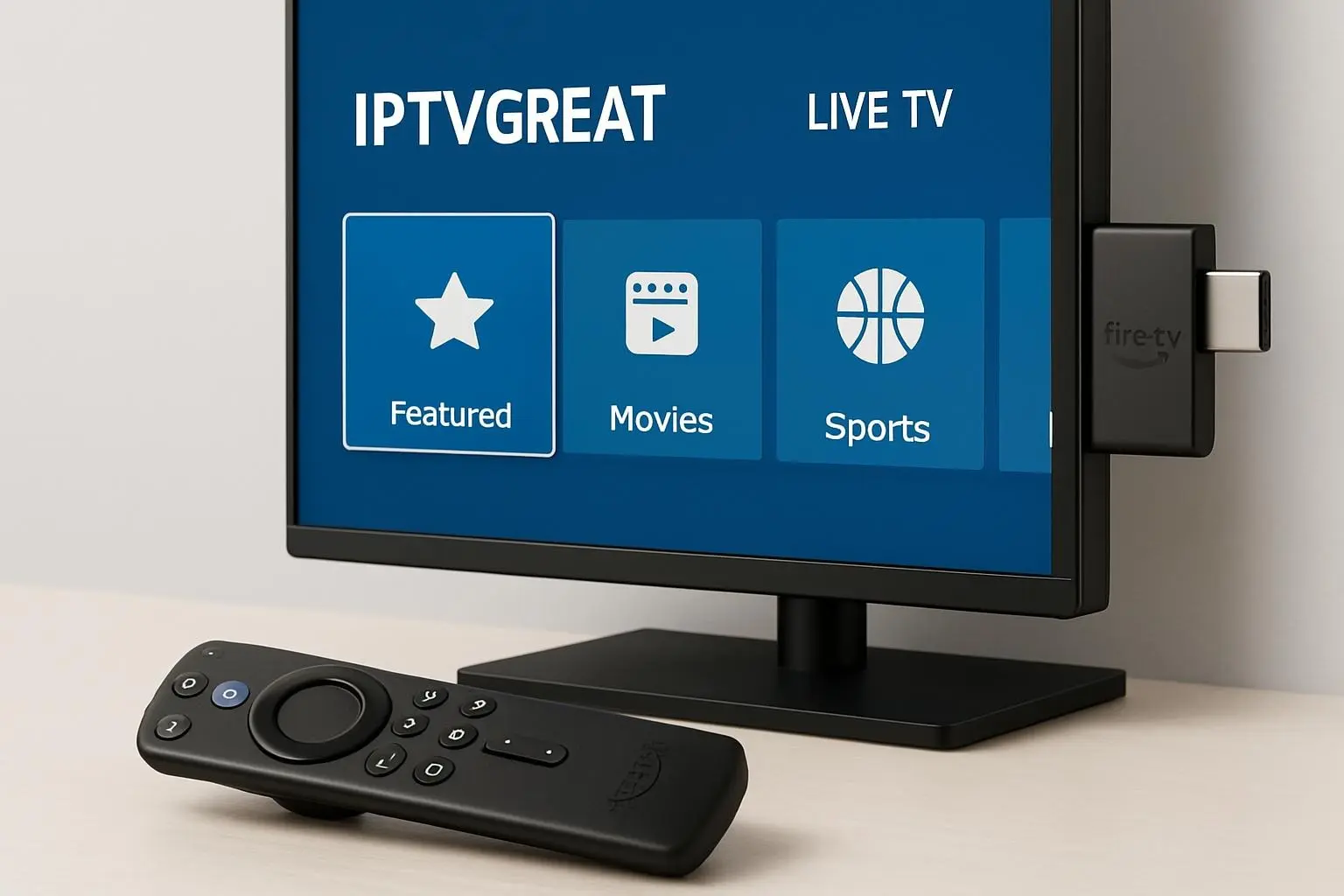 The IPTVGREAT app running on an Amazon Fire TV Stick connected to a 4K television.