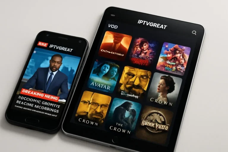 The IPTVGREAT app streaming a live channel on an Android smartphone and an Apple iPad.