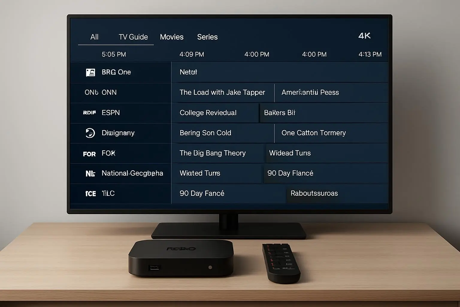 professional IPTV set-top box (MAG or Formuler) connected to a TV, showing the IPTVGREAT portal with a live channel guide.