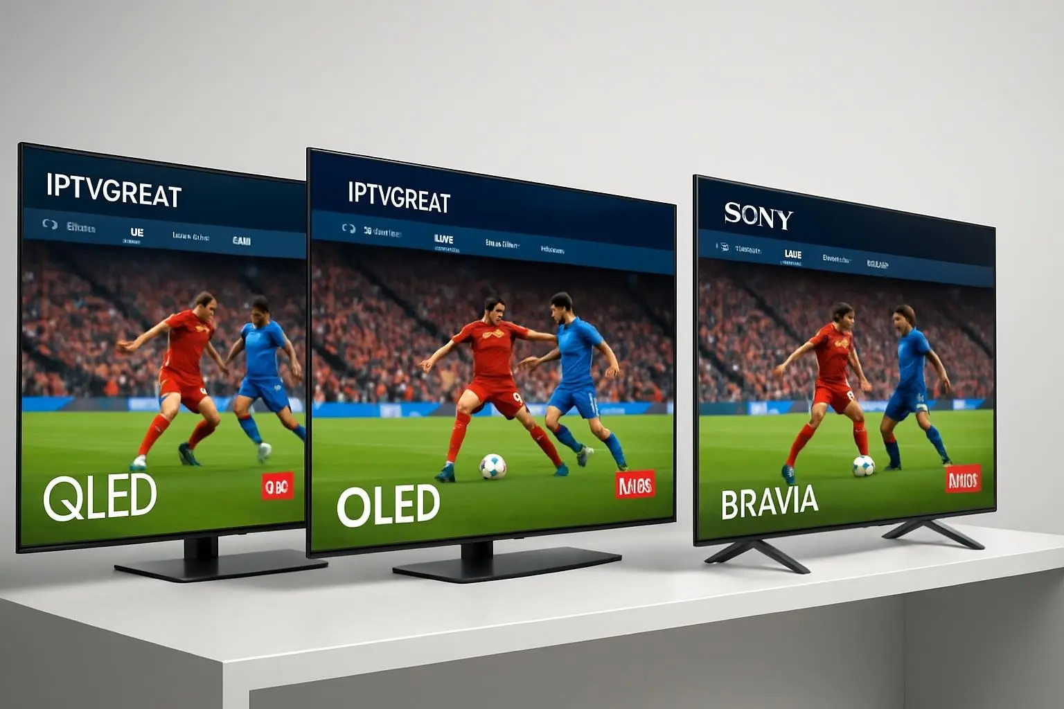 The IPTVGREAT app running on a Samsung TV, an LG TV, and a Sony TV, all showing a 4K live sports event.