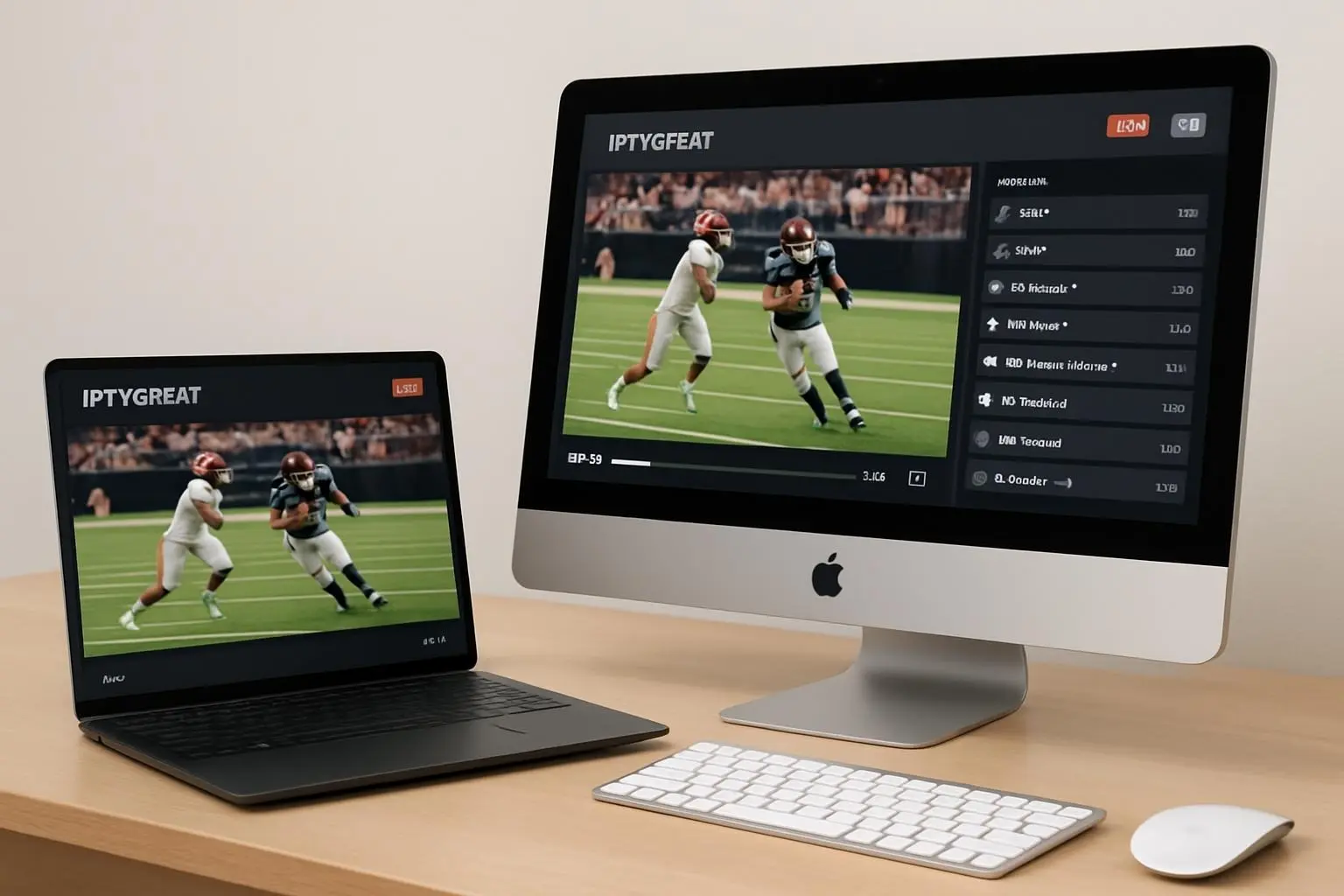 The IPTVGREAT desktop app running on a Windows laptop and an Apple iMac, showing a live sports game.