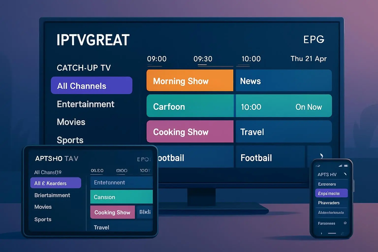 IPTVGREAT IPTV service with catch-up TV and EPG guide for easy channel navigation and missed shows