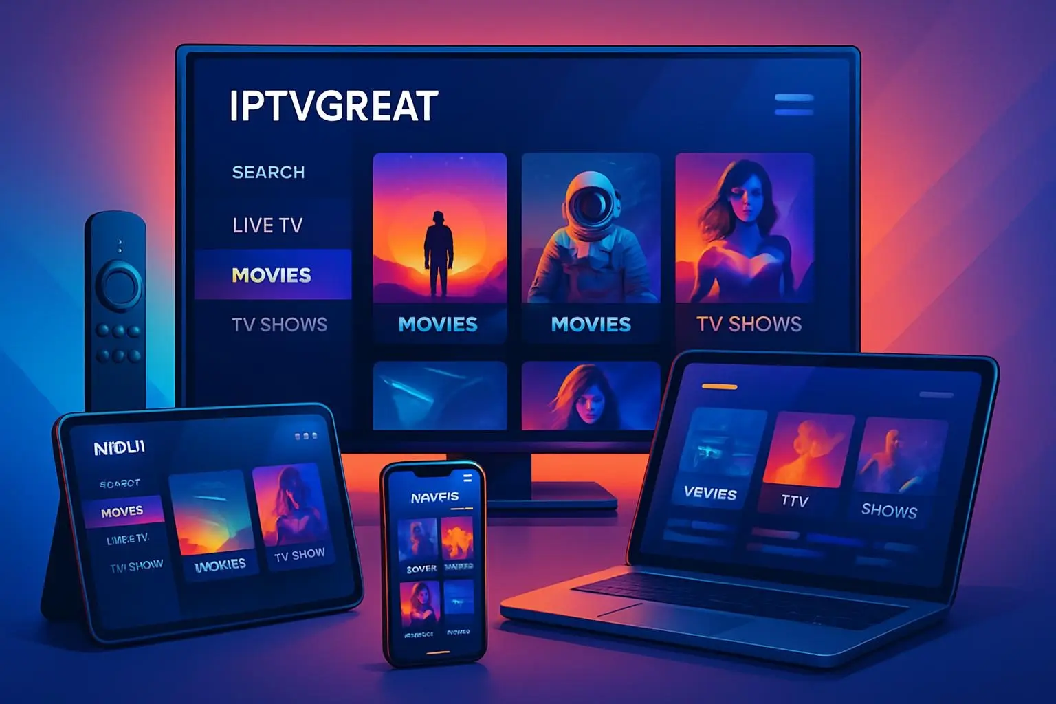 IPTVGREAT IPTV service supporting multiple devices including Smart TV, Firestick, smartphone, tablet, and PC
