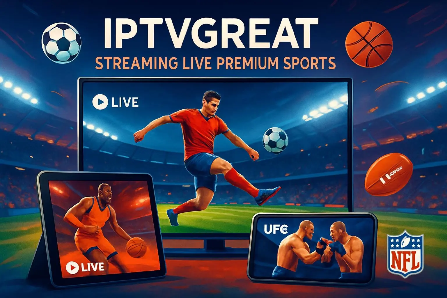 IPTVGREAT IPTV service offering all premium sports channels including football, NBA, NFL, and UFC