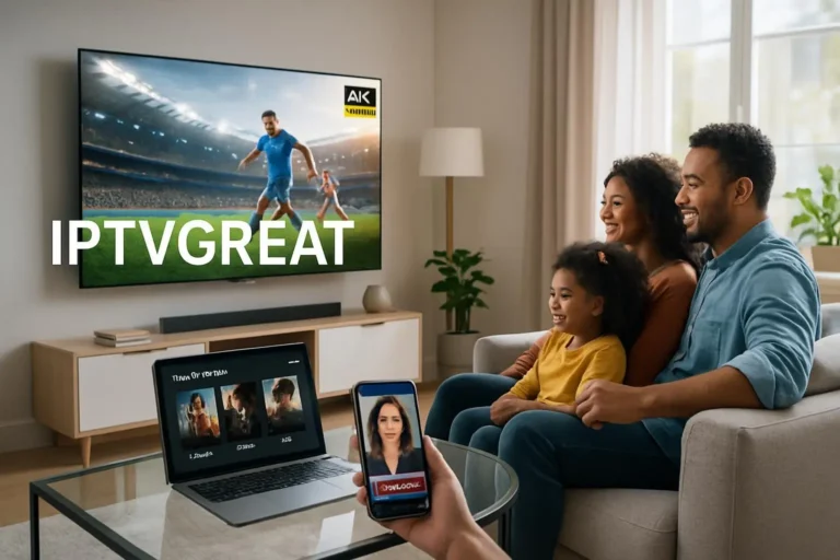 A family chooses from 23,000 live channels on a 4K TV and browses 150,000 movies and series on a tablet with IPTVGREAT.
