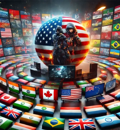 A happy family enjoying the GREATIPTV service on a 4K Smart TV, tablet, and smartphone.