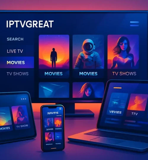 IPTVGREAT IPTV service supporting multiple devices including Smart TV, Firestick, smartphone, tablet, and PC